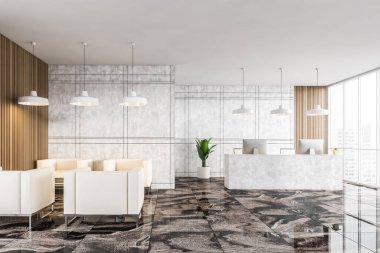 Mermer resepsiyon salonu, ön manzara, müşteriler için dört koltuk ve masa, büyük pencerenin yanında iki bilgisayar, mermer döşeme ve ofis girişi için ahşap dizayn, 3D çizim, insan yok.