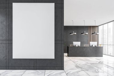 Gri kabul odasında, masalı, iki bilgisayarlı boş tuval. Şehir manzaralı büyük pencerelerin yanındaki ofis girişinde. Açık mermer zemin ve koyu duvarlar 3 boyutlu, insan yok.