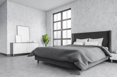 Masada boş çerçeveler, mermer zemin ve çarşaflı yatak olan gri oturma odası. Açık gri minimalist yatak odası. Çekmeceli, sahte posterli. Şehir manzaralı pencereler, 3D görüntüleme yok