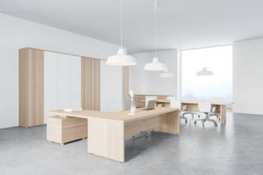 Beyaz ve ahşap duvarları, beton zemini ve uzun konferans masası olan modern toplantı odasının köşesi. 3d oluşturma