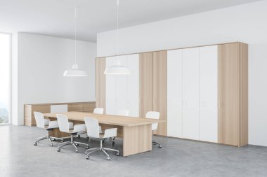 Beyaz ve ahşap duvarları, beton zemini ve uzun konferans masası olan şık toplantı odasının köşesi. 3d oluşturma