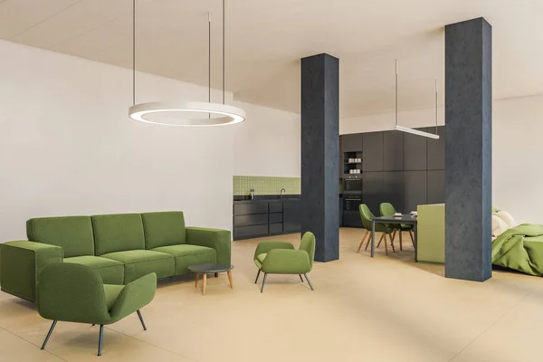 沙发和厨房的绿色居室公寓工作室 带有现代绿色家具的开放空间工作室大厅 3D显示没有人 — 图库照片