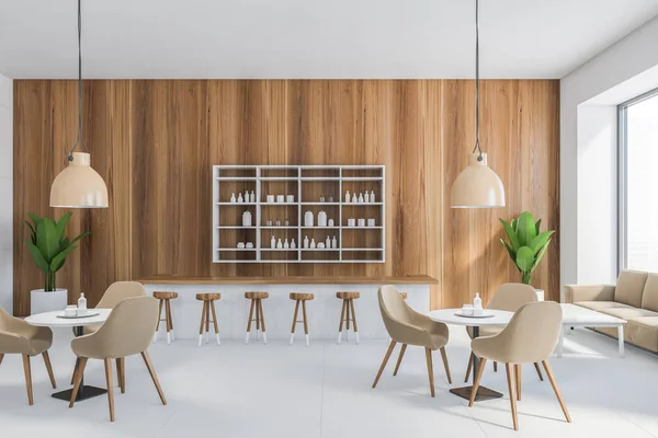 Light brown cafe interior, many brown chairs and white tables, wooden wall with lamps and bar counter. Illustration of cafe with big window, dining room 3D rendering, no people