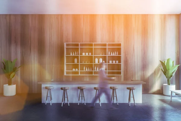 Blurry Young Businessman Walking Modern Bar Wooden Walls Concrete Floor — Stock Photo, Image