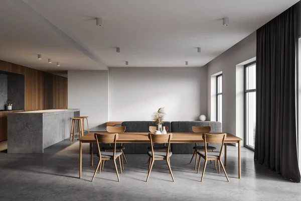 Interior Cozinha Elegante Com Paredes Brancas Madeira Piso Concreto Bar — Fotografia de Stock