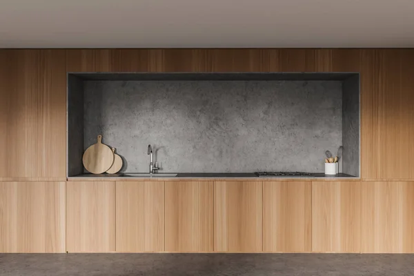 Interno Cucina Minimalista Con Pareti Pavimenti Cemento Armadi Legno Con — Foto Stock