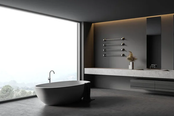 Angolo Elegante Bagno Con Pareti Grigie Pavimento Cemento Comoda Vasca — Foto Stock