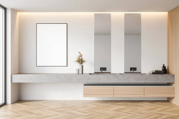白と木製の壁 木製の床 ダブルシンクとモックアップポスターとモダンなバスルームのインテリア 3Dレンダリング — ストック写真