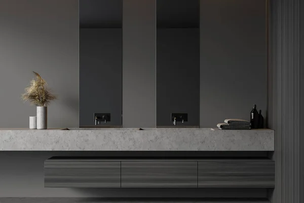 Intérieur Salle Bain Élégante Avec Des Murs Gris Bois Sol — Photo