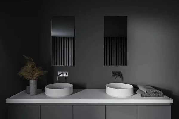 内饰时尚浴室与灰色墙壁和舒适的双水槽与镜子 3D渲染 — 图库照片