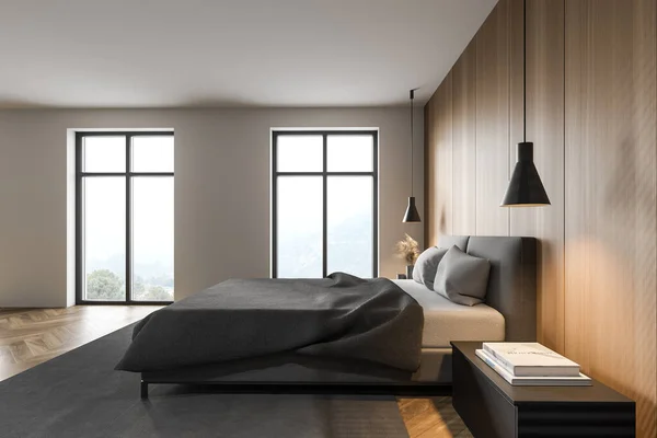 白と木製の壁 木製の床と快適なキングサイズベッド付きのモダンなマスターベッドルームのサイドビュー 3Dレンダリング — ストック写真