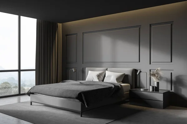 Corner Stylish Master Bedroom Gray Walls Concrete Floor Comfortable King — Stock Photo, Image