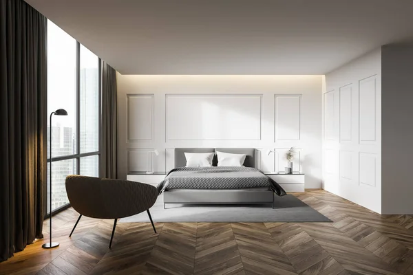 Interieur Van Stijlvolle Master Bedroom Met Witte Muren Houten Vloer — Stockfoto