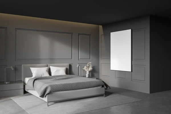 风格华丽的主卧室角落 有灰色墙壁 混凝土地面和舒适的王床 垂直模拟海报 3D渲染 — 图库照片