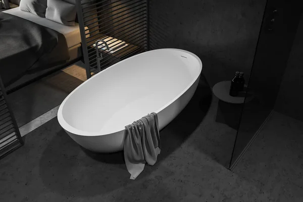 Vista Superior Elegante Banheiro Com Paredes Madeira Cinza Piso Concreto — Fotografia de Stock