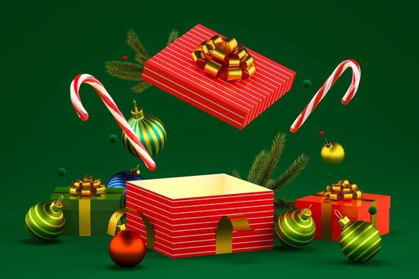 Červené Otevřené Vánoční Dárkové Krabice Dekorace Sladkosti Zeleném Pozadí Vykreslování — Stock fotografie
