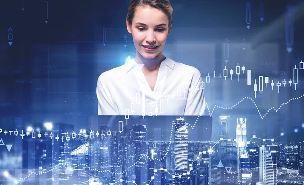 Young Businesswoman Using Laptop Blurry Night City Office Double Exposure — Stock Photo, Image
