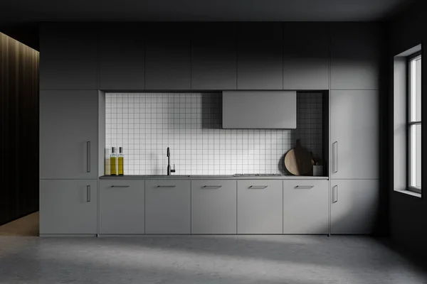 Interieur Van Stijlvolle Keuken Met Grijze Muren Betonnen Vloer Grijze — Stockfoto