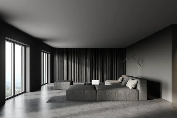 内饰时尚主卧室与灰色和木制墙壁 混凝土地面和舒适的国王尺寸床 3D渲染 — 图库照片