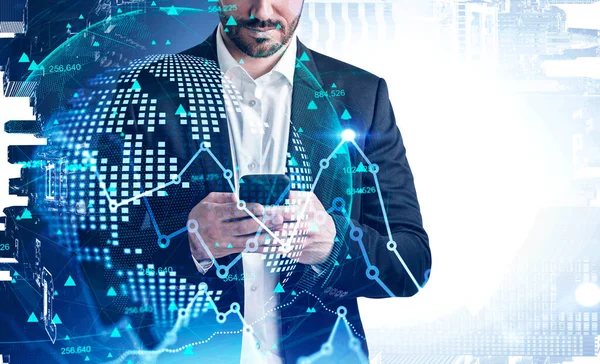 Unrecognizable Businessman Using Smartphone Blurry Office Double Exposure Network Interface — Stock Photo, Image