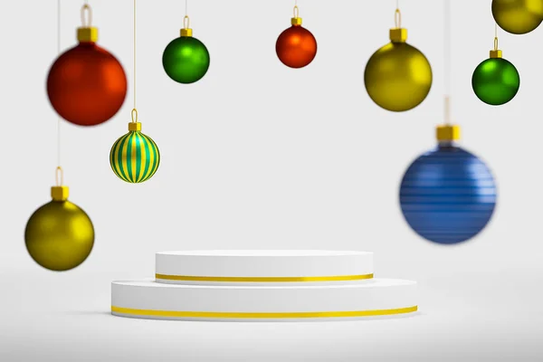 Decorações Natal Brilhantes Pódio Vazio Sobre Fundo Branco Renderização — Fotografia de Stock