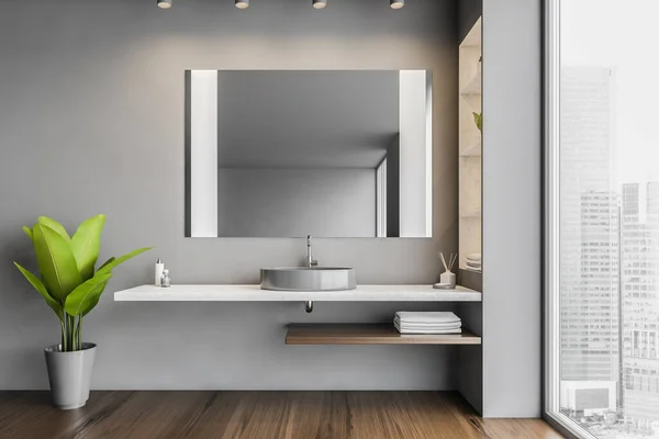 Grey bathroom, sink and big mirror with shelves. Open space bathroom with wooden floor and plant. Big window with view on skyscrapers, 3D rendering no people