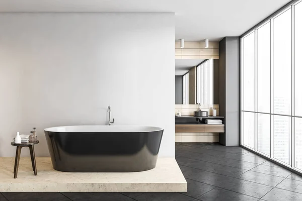 Elegante Baño Gris Oscuro Gran Bañera Negra Dos Lavabos Fondo — Foto de Stock