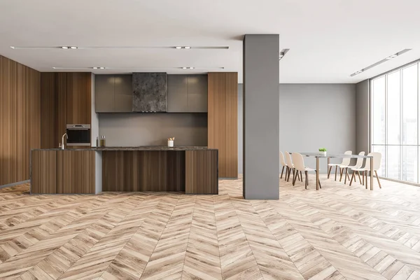 Wooden Living Room Apartment Brown Wooden Kitchen Beige Chairs Parquet — Stock Photo, Image
