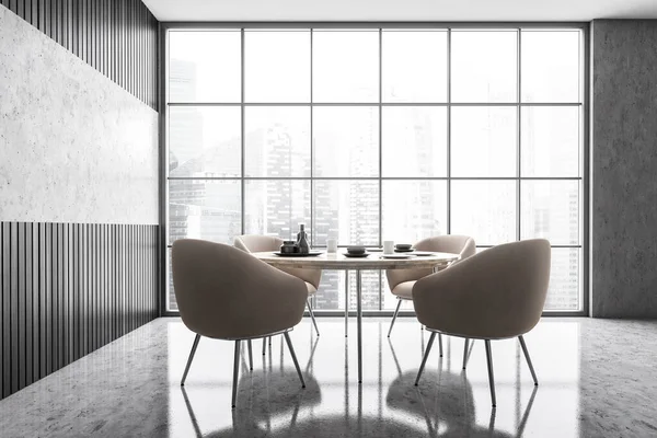 Four Beige Chairs Table Dining Room View Big Window Skyscrapers — Stock Photo, Image