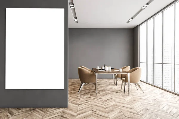 Brown chairs in dining room, mockup canvas frame on grey wall. Large dining room near big window with city view, parquet floor 3D rendering, no people