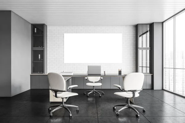 White office lobby reception room with mockup canvas on white brick wall. Table with laptop and three white chairs. Business office room for clients, 3D rendering no people