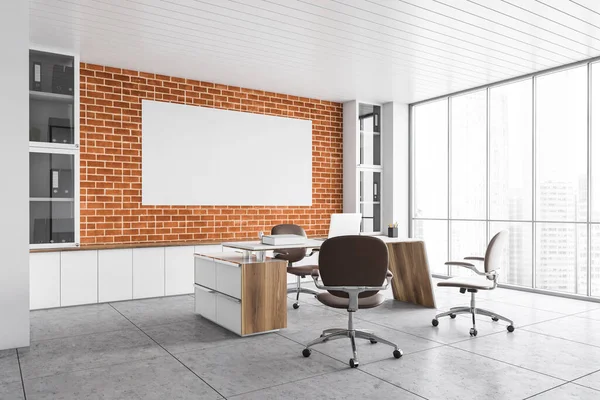 White office lobby reception room with mockup canvas on brick wall. Table with laptop and three leather chairs. Business office room for clients side view, 3D rendering no people