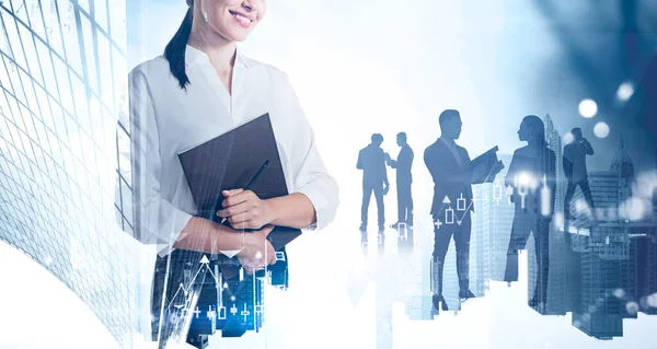 Smiling Young Businesswoman Folder Standing Blurry City Her Team Double — Stock Photo, Image