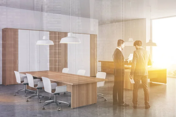 Portrait Two Businessmen Standing Modern Meeting Room Corner White Walls — Stock Photo, Image