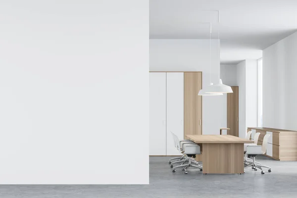 Interior of modern CEO office with white and wooden walls, concrete floor and CEO desk. Mock up wall to the left. 3d rendering