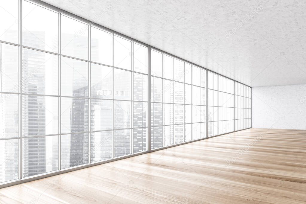 Large empty office white and wooden room, side view, hall with no furniture. Long room with parquet floor in office building in business centre, 3D rendering no people