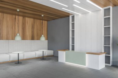 Ofisteki açık uzay salonunda beyaz resepsiyon masası manzarası, ahşap tavan ve gri duvar. Giriş salonunun minimalist tasarımı, beyaz kanepeler ve masalar, 3 boyutlu, kimseyi göstermiyor.