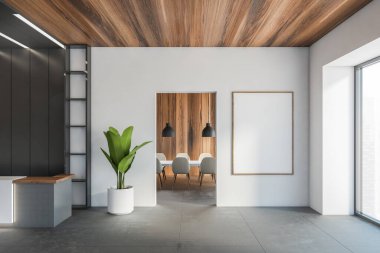 Ofis karanlık resepsiyon masasının yakınındaki toplantı odasından önce beyaz duvarda bir model. Lobide boş bir çerçeve, ahşap tavan ve arka planda açık uzay konferans odası, 3D görüntüleme yok.