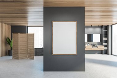 Ahşap gri banyodaki boş tuval, iki siyah lavabo, büyük raf ve büyük pencerenin yanındaki büyük ayna. Açık alan banyosu, tahta ekranlı, düz 3 boyutlu, insan yok.