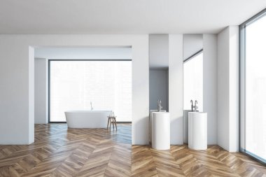 Açık alan beyaz ahşap banyo, iki beyaz lavabo ve arka planda büyük pencerenin yanında küvet. Ahşap zemin parke, büyük aynalar. 3D görüntüleme yok.