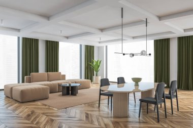 Büyük oturma odası, gri sandalyeler, kahverengi masa ve arka planda kahverengi kanepe. Büyük salonda yeşil perdeli büyük pencereler, açık ahşap parke döşeme ve beyaz duvarlar, 3 boyutlu hiçbir insan yok.