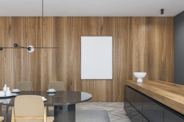 Gri parke döşemesi ve bar tezgahı olan gri ahşap yemek odasında model bez çerçeve. Tabakları ve sandalyeleri olan oval masa, siyah ahşap tezgah masası, 3 boyutlu, kimseyi yansıtmayan.