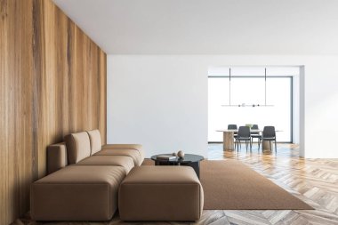 Beyaz ahşap oturma odasındaki boş fotokopi odası, kahverengi kanepe, halıdaki siyah kahve masası. Arka planda büyük pencereli yemek odası, parke ahşap zemin 3D, kimseyi yansıtmıyor.