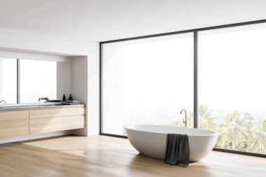 Beyaz duvarları, ahşap zemini, rahat küveti ve çift lavabosu olan modern banyonun köşesi. Büyük panoramik pencere. 3d oluşturma