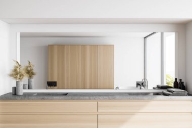 Beyaz duvarlı modern banyo ve büyük aynalı çift lavabo. 3d oluşturma