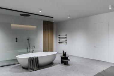 Beyaz ve ahşap duvarları, beton zemini, rahat küveti ve duş kabini olan şık bir banyonun köşesi. 3d oluşturma