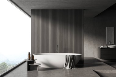 Beton ve koyu ahşap duvarları, beton zemini, rahat küveti ve panoramik penceresi olan şık bir banyo. 3d oluşturma