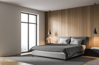 Beyaz ve ahşap duvarları, tahta zemini ve rahat kral yatağı olan modern ana yatak odasının köşesi. 3d oluşturma