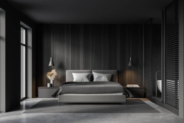 Gri ve ahşap duvarları, beton zemini ve rahat kral yatağı olan şık bir yatak odası. 3d oluşturma