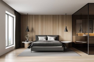 Beyaz ve ahşap duvarları, ahşap zemini ve rahat kral yatağı olan modern yatak odasının içi. 3d oluşturma